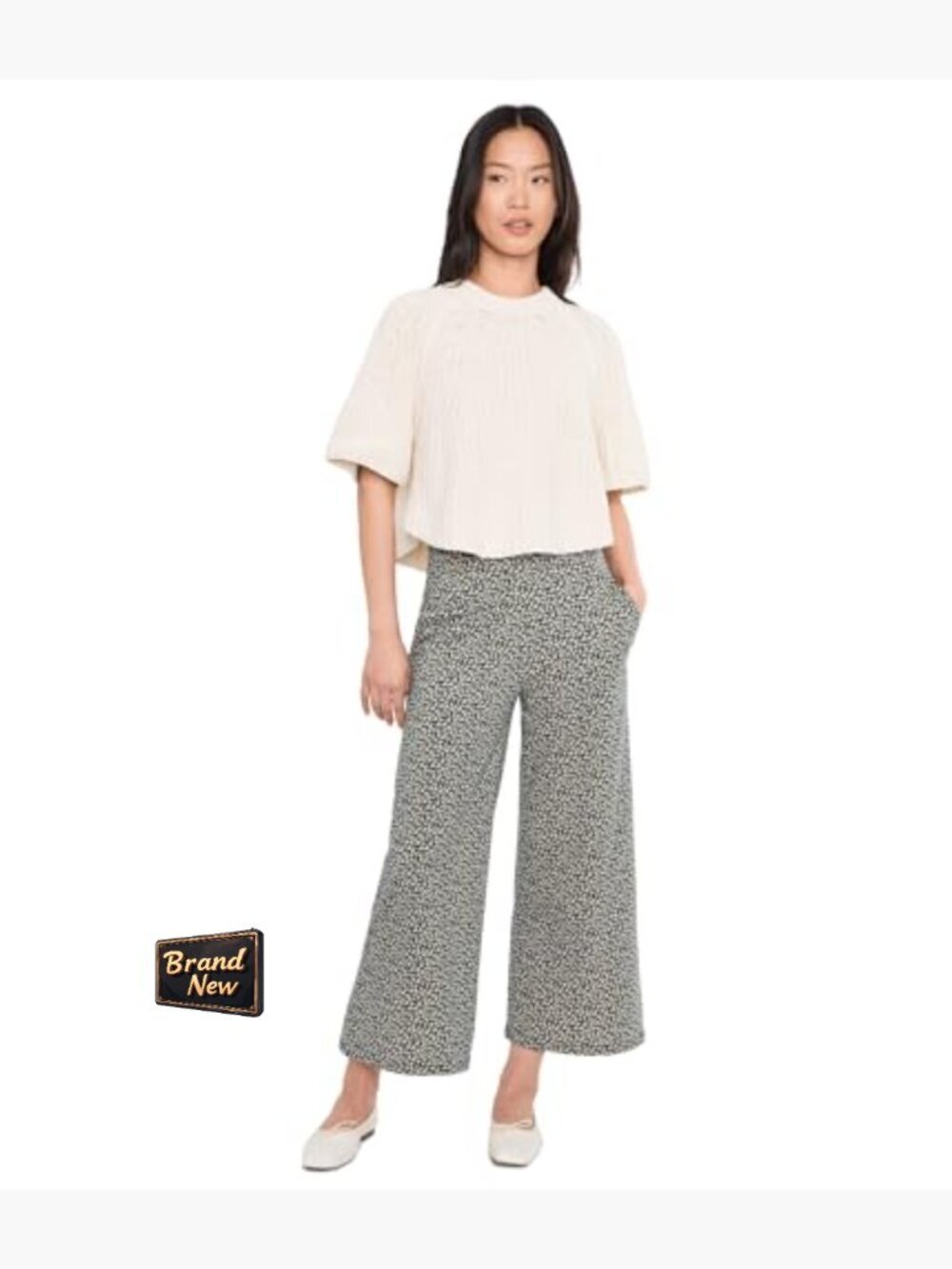 Wide Leg Crop Pants Ruched Elastic Waist Mid Rise 25 Inseam - Picture 2 of 5
